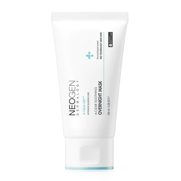 Neogen Dermalogy A-Clear Soothing Overnight Mask jar (100 ml) featuring its calming, sebum-controlling formula designed for acne-prone skin, with Centella Asiatica and Salicylic Acid.
