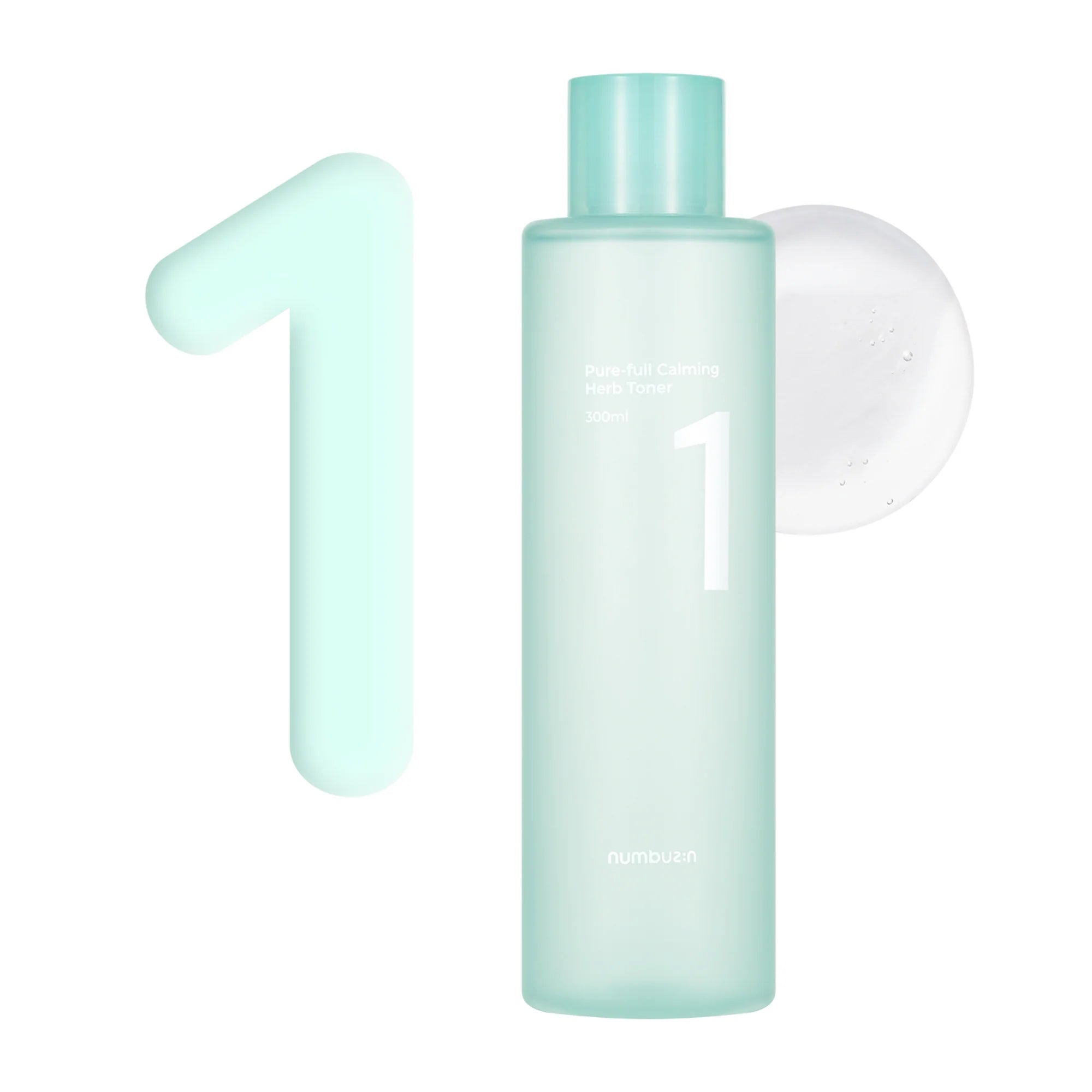 numbuzin toners Numbuzin No.1 Pure-Full Calming Herb Toner (300 ml) featuring a sleek, minimalistic bottle design with key calming herbs like Centella Asiatica, Houttuynia Cordata, and Licorice.
