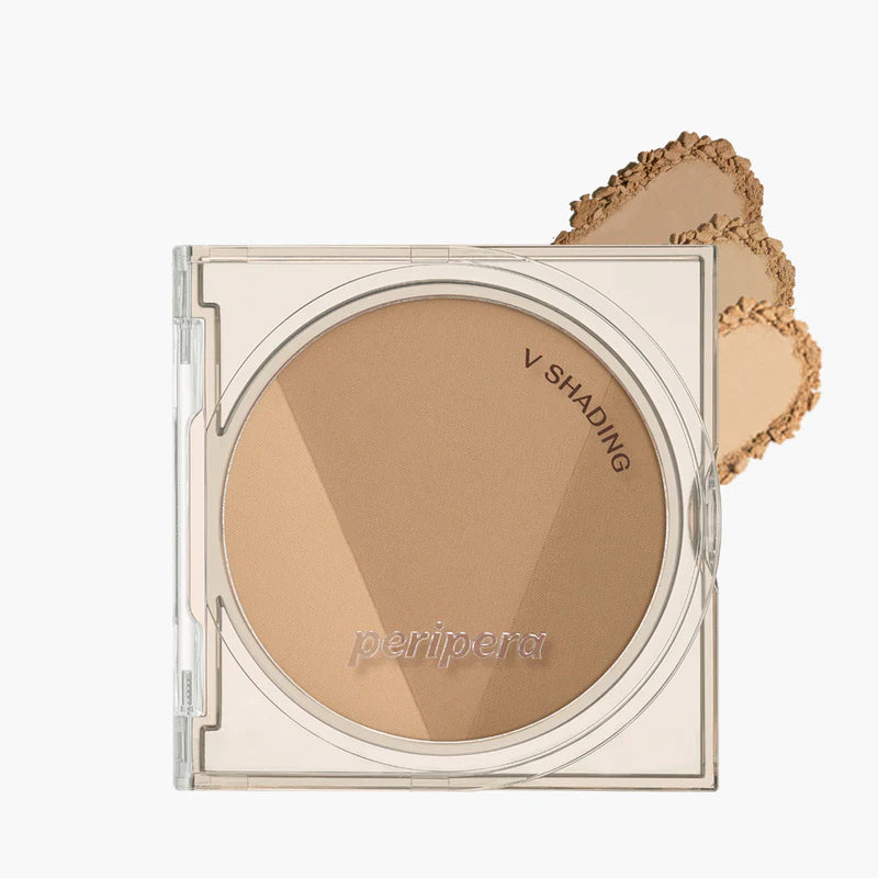 Peripera Ink V Shading contour powder in a compact size, designed for creating natural 3D shading on the face. Comes in three shades: Almond Brown 01, Cacao Brown 02, and Hazel Gray, providing a sculpted, soft, and smooth contour finish.