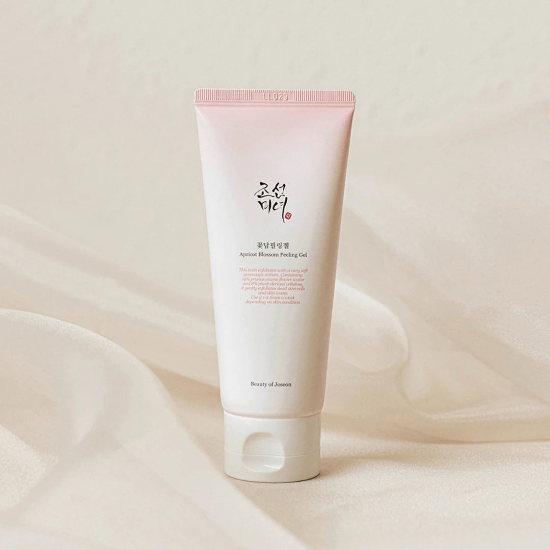 The Beauty of Joseon Apricot Blossom Peeling Gel 100ml, a gentle gommage exfoliator with 19% Prunus Mume Flower Water, designed to exfoliate, hydrate, and smooth the skin on both face and body