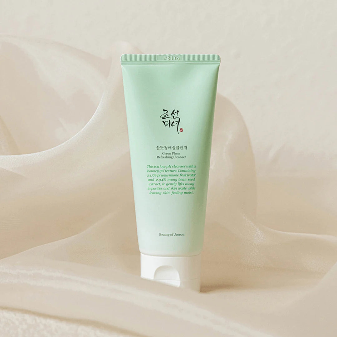 Beauty of Joseon Plum Blossom Cleanser 100ml with 24% plum water and 3% mung bean seed extract, designed for gentle cleansing, hydration, and skin protection