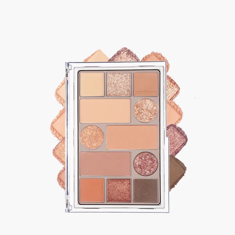 Peripera All Take Mood Technique Palette 01 Around Brown, featuring 9 neutral shades with golden shimmer to create versatile eye looks for both everyday and night-time wear.