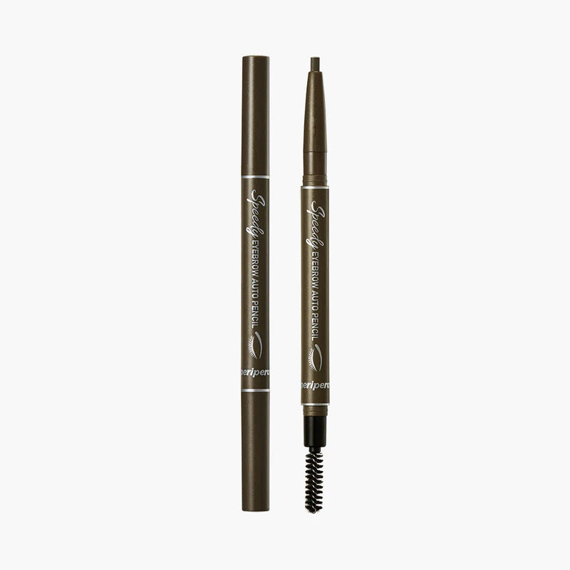 Peripera Speedy Eyebrow Auto Pencil with a sleek, easy-to-use design. Available in two shades: Black Brown and Gray Brown. The pencil creates natural-looking, long-lasting brows with a smooth, soft finish.