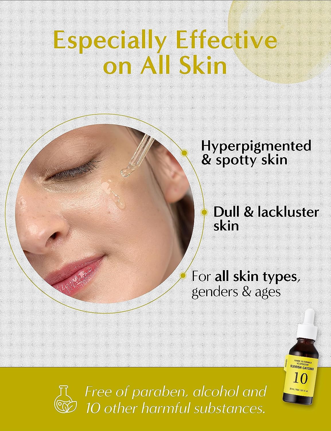 Person applying It’s Skin Power 10 Formula VC Effector serum to their face, targeting dark spots and dull skin for a radiant, glowing complexion