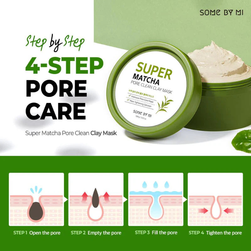 Some By Mi Super Matcha Pore Clean Clay Mask – A pore-cleansing face mask with matcha, clay, and Cica that controls oil, removes blackheads, and soothes sensitive skin for a smooth, clear complexion.