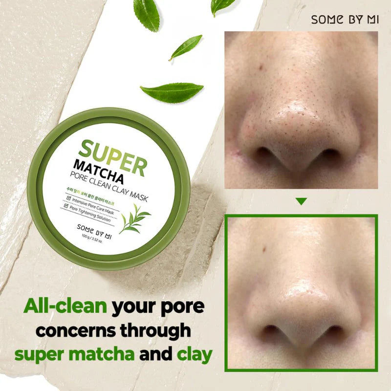 Some By Mi Super Matcha Pore Clean Clay Mask – Before and after images showing the mask's effectiveness in cleaning pores and reducing blackheads.