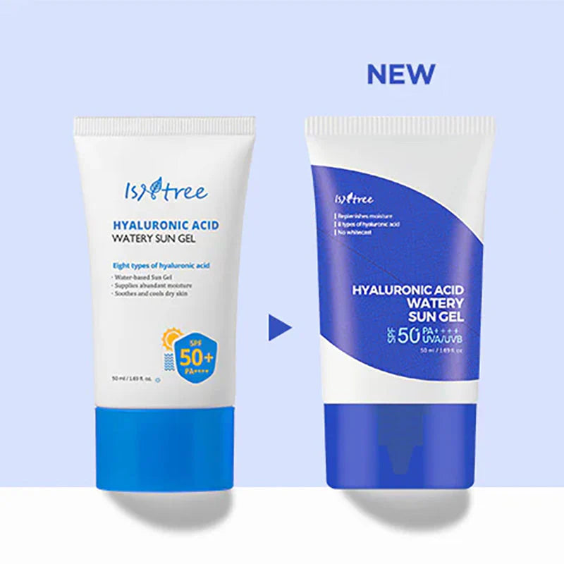 Isntree Hyaluronic Acid Watery Sun Gel packaging – 50ml tube with light, non-greasy sunscreen gel, ideal for sensitive skin and daily sun protection