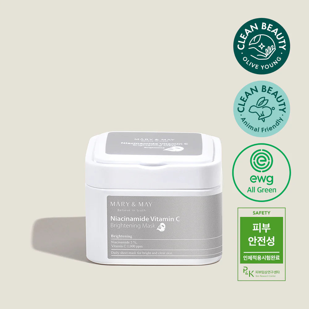 Mary & May Niacinamide Vitamin C Brightening Mask – A face mask designed to brighten skin, reduce dark spots, and provide deep hydration with Niacinamide, Vitamin C, and six types of Hyaluronic Acid.