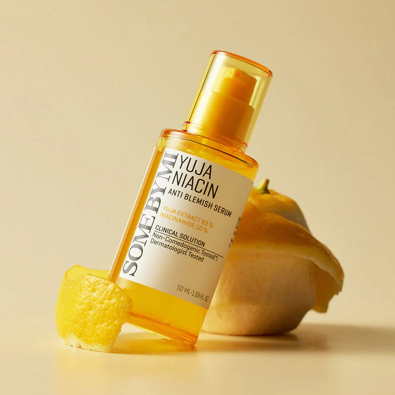Some By Mi Yuja Niacin Blemish Care Serum – Focus on key ingredients like 82% Yuja extract, Niacinamide, Arbutin, and Glutathione, which work together to brighten, hydrate, and reduce blemishes.