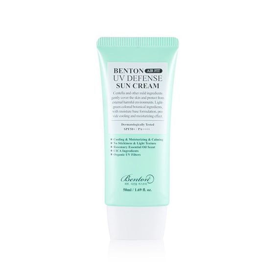 Benton Air Fit UV Defense Sun Cream SPF50+ PA++++, a lightweight, moisturizing sunscreen with high UV protection, brightening, and anti-wrinkle benefits in a 50ml tube