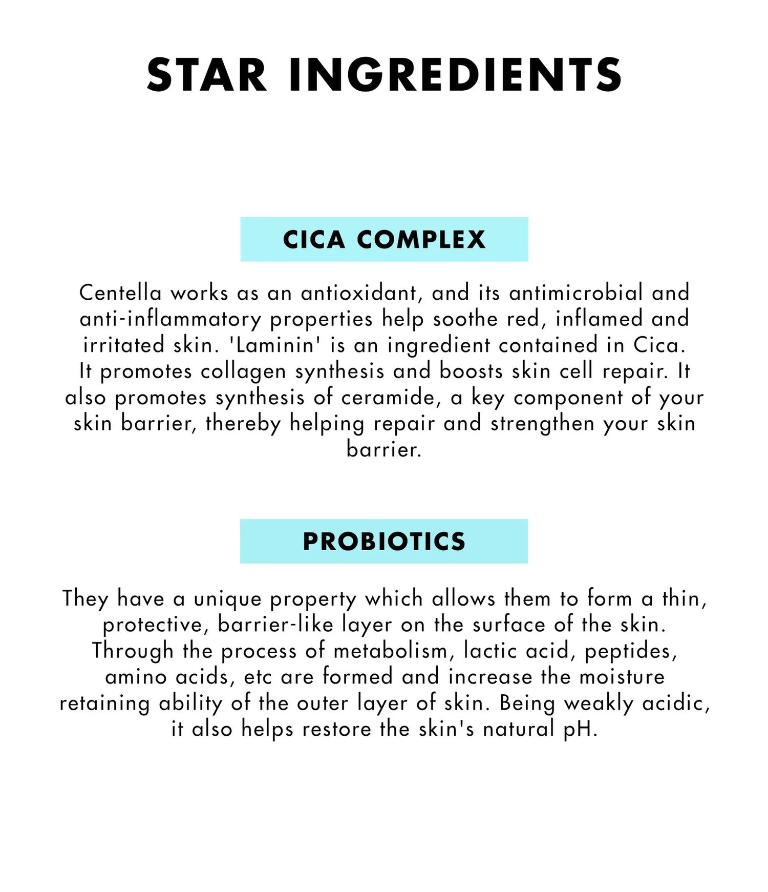 Unpa Lacto Cica Barrier Cream – Close-up of ingredients like Centella Asiatica and probiotics, highlighting their calming, healing, and barrier-strengthening benefits for irritated and sensitive skin.