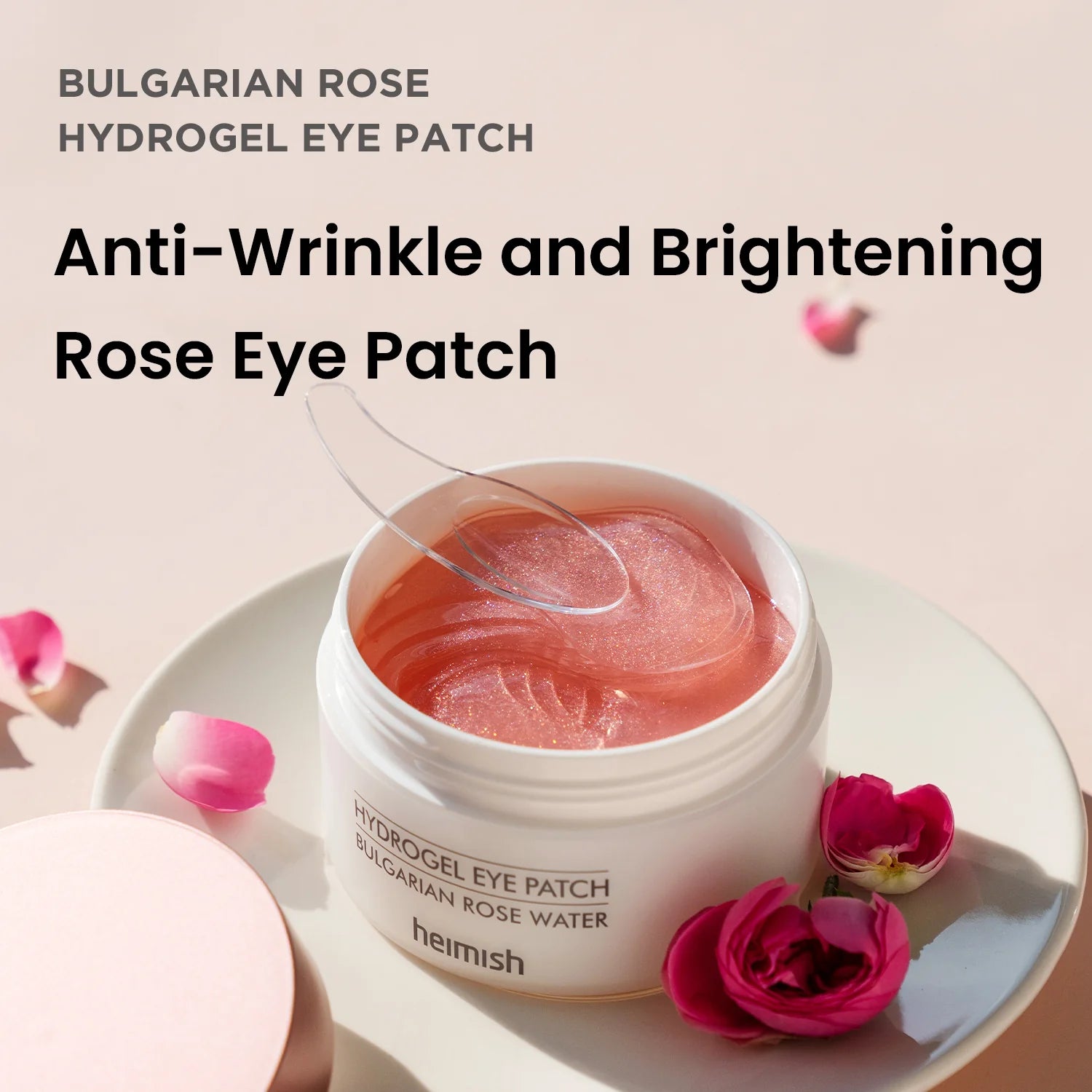 Close-up of Heimish Bulgarian Rose Hydrogel Eye Patch with key ingredients like Damask rose water and niacinamide to soothe and hydrate