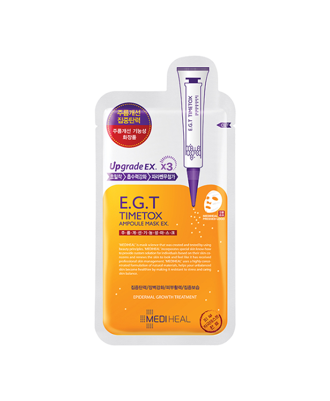 Mediheal E.G.T Timetox Ampoule Mask EX – A revitalizing sheet mask formulated with hydrolyzed collagen, elastin, and peptides to hydrate, improve skin elasticity, and provide a youthful, lifted appearance.