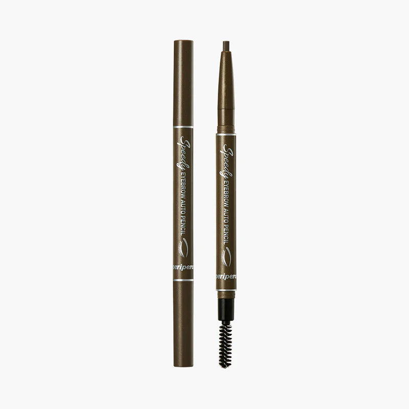 Peripera Speedy Eyebrow Auto Pencil with a sleek, easy-to-use design. Available in two shades: Black Brown and Gray Brown. The pencil creates natural-looking, long-lasting brows with a smooth, soft finish.