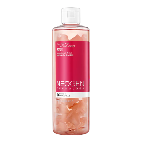 Neogen Real Flower Cleansing Water (Rose) (300 ml) featuring real rose petals floating in the bottle, emphasizing its hydrating and soothing properties for dry, sensitive skin.