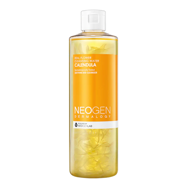 Neogen Real Flower Cleansing Water (Calendula) (300 ml) featuring real calendula petals floating inside the bottle, showcasing its gentle cleansing and soothing properties.