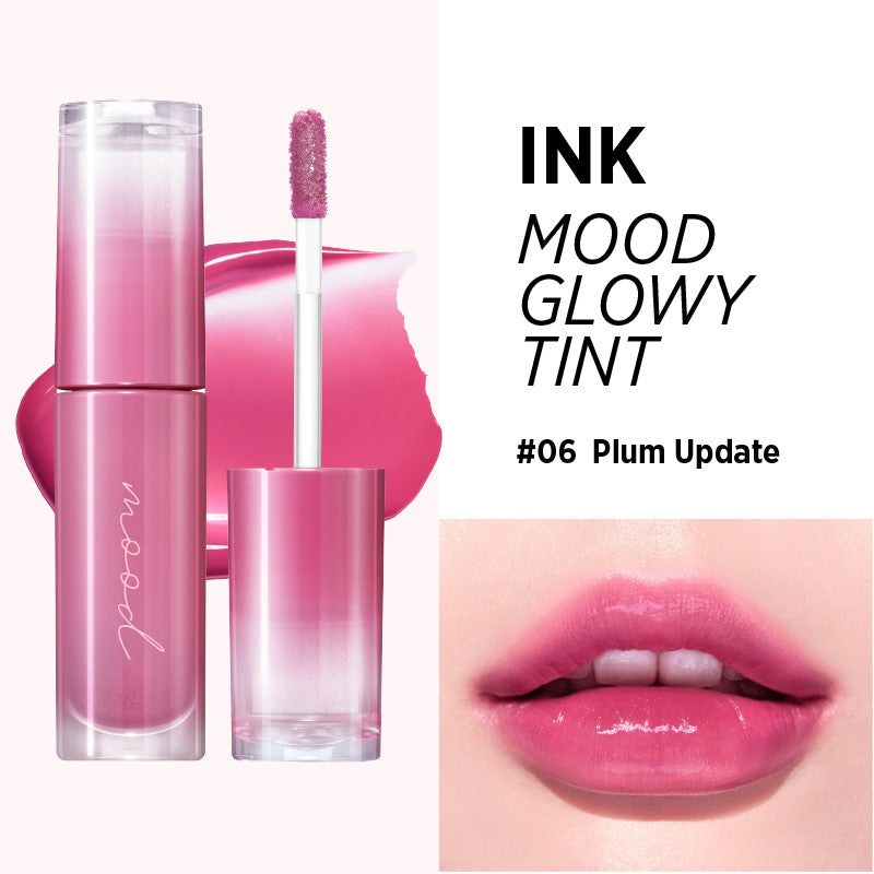Peripera Ink Mood Glowy Tint available in 6 colors featuring a glossy, hydrating formula with a Triple Layer Glow Mechanism for a fresh, plumped look.