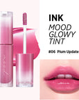 Peripera Ink Mood Glowy Tint available in 6 colors featuring a glossy, hydrating formula with a Triple Layer Glow Mechanism for a fresh, plumped look.