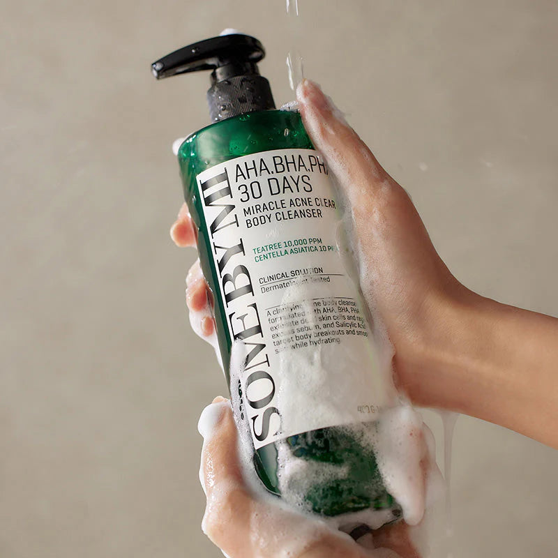 Some By Mi AHA BHA PHA Miracle Acne Body Cleanser – A body wash with AHA, BHA, and PHA to exfoliate, clear acne, and smooth the skin.
