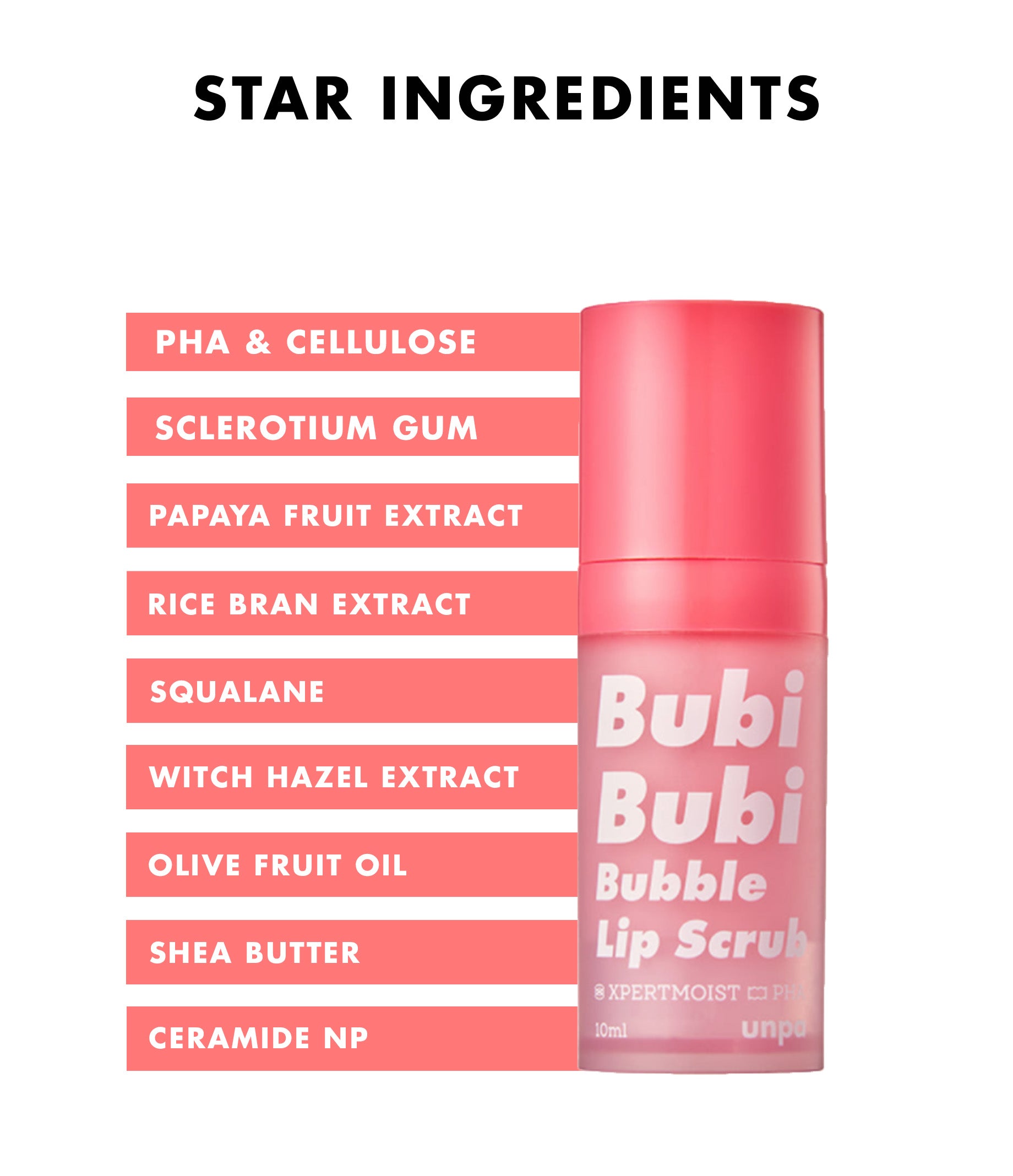 Unpa Bubi Bubi Bubble Lip Scrub – A gentle lip scrub that exfoliates dry, flaky lips and removes lip makeup, leaving your lips soft, smooth, and moisturized with the unique gel-to-bubble transformation.