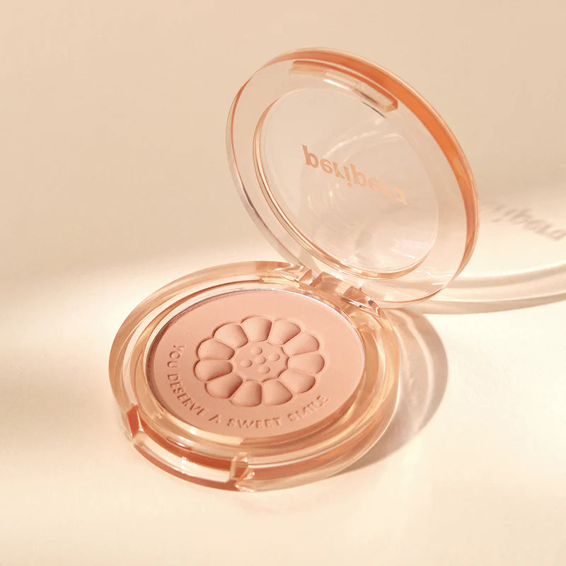 Peripera Pure Blushed Sunshine Cheek blush compact featuring three shades: Milktea Coral, Afternoon Red, and Dusky Rose. The blush provides a natural, sun-kissed glow with a smooth, soft finish for a radiant, fresh complexion.