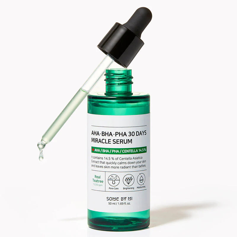 Some By Mi AHA BHA PHA 30 Days Miracle Serum – Acne treatment serum with tea tree leaf water, centella asiatica, and AHA/BHA/PHA for clear, smooth skin.