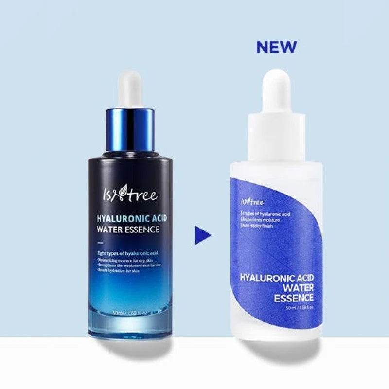 Isntree Hyaluronic Acid Water Essence packaging – sleek and minimalist design featuring a 50ml bottle with clear labeling, perfect for everyday hydration