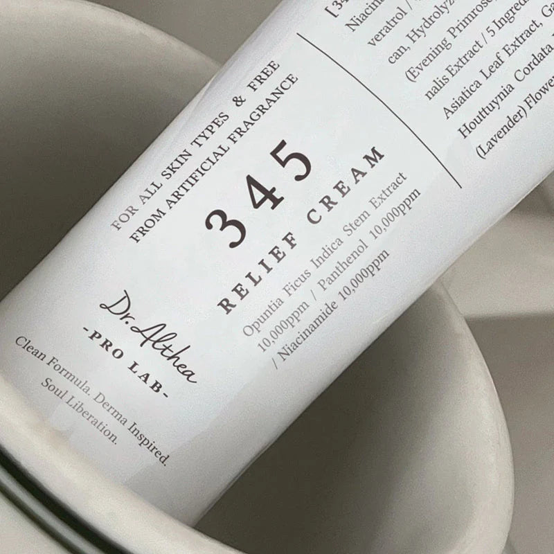 Dr. Althea 345 Relief Cream key ingredients – Niacinamide, Panthenol, and Centella Asiatica to promote healing and hydration