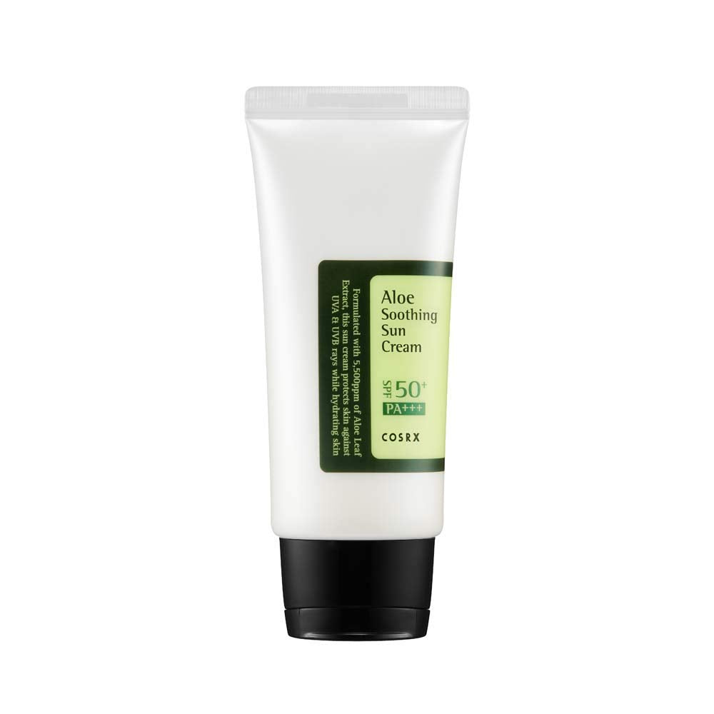COSRX Aloe Soothing Sun Cream SPF50 PA+++ – Hydrating sunscreen with aloe extract, offers UVA/UVB protection, lightweight and non-greasy, perfect for all skin types with no white cast
