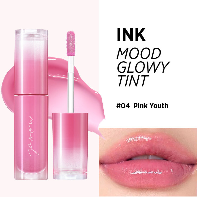 Peripera Ink Mood Glowy Tint available in 6 colors featuring a glossy, hydrating formula with a Triple Layer Glow Mechanism for a fresh, plumped look.
