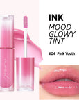 Peripera Ink Mood Glowy Tint available in 6 colors featuring a glossy, hydrating formula with a Triple Layer Glow Mechanism for a fresh, plumped look.