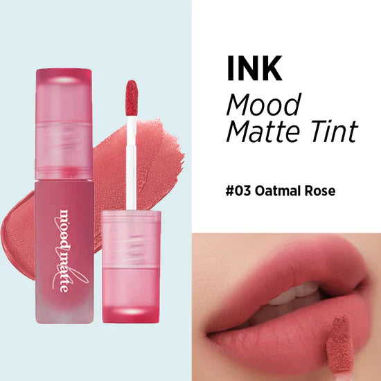 Peripera Ink Mood Matte Tint being applied to the lips, starting from the center and blending outward for a blurred, soft matte look, highlighting its smooth, weightless formula.