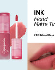 Peripera Ink Mood Matte Tint being applied to the lips, starting from the center and blending outward for a blurred, soft matte look, highlighting its smooth, weightless formula.