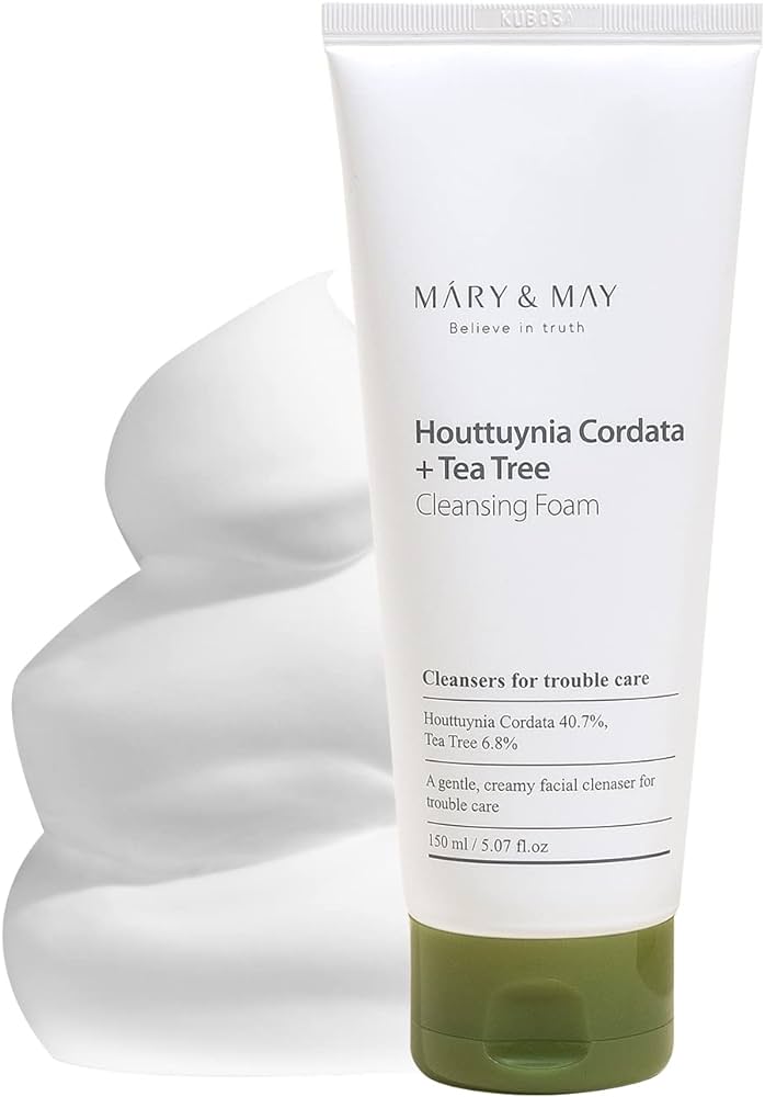 Mary & May Houttuynia Cordata Tea Tree Cleansing Foam – A 150ml bottle of creamy cleanser formulated with 40.7% Houttuynia Cordata and 6.8% Tea Tree Extract, designed to calm and cleanse troubled skin.