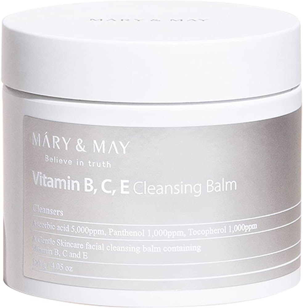 Mary & May Vitamin B C E Cleansing Balm – A 120g jar of soft, non-flowing cleansing balm enriched with Vitamins C, B, and E, designed to gently remove makeup, oil, and blackheads while brightening and hydrating the skin.