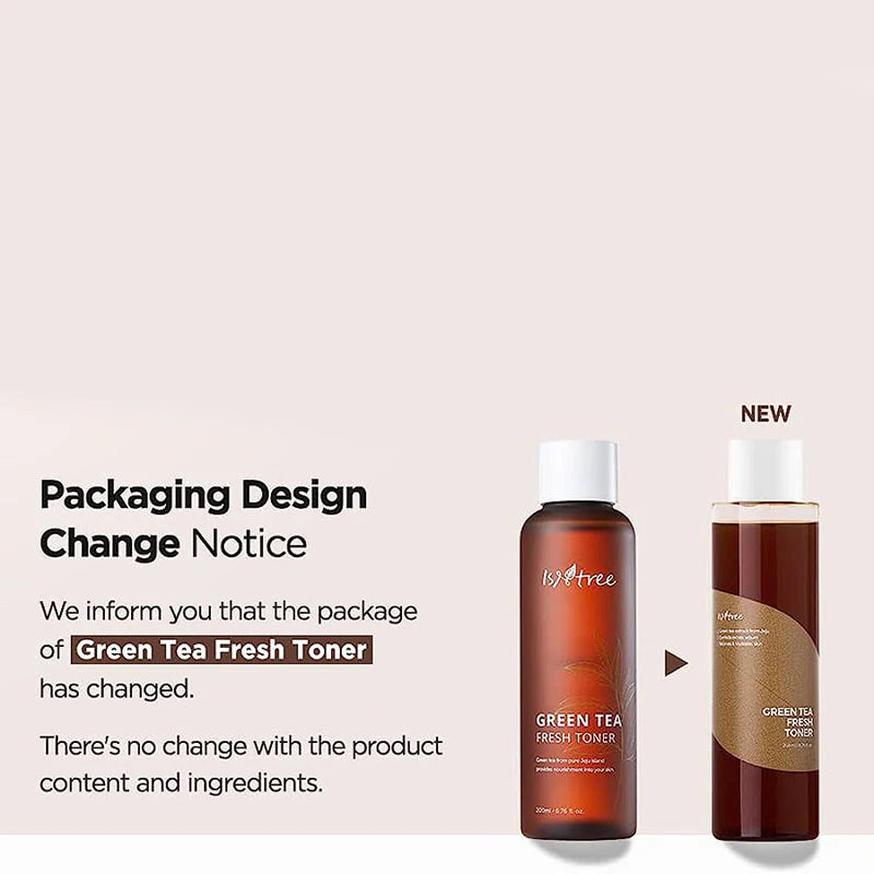 Isntree Green Tea Fresh Toner packaging – a 200ml bottle designed to hydrate, soothe, and protect sensitive, oily, and combination skin