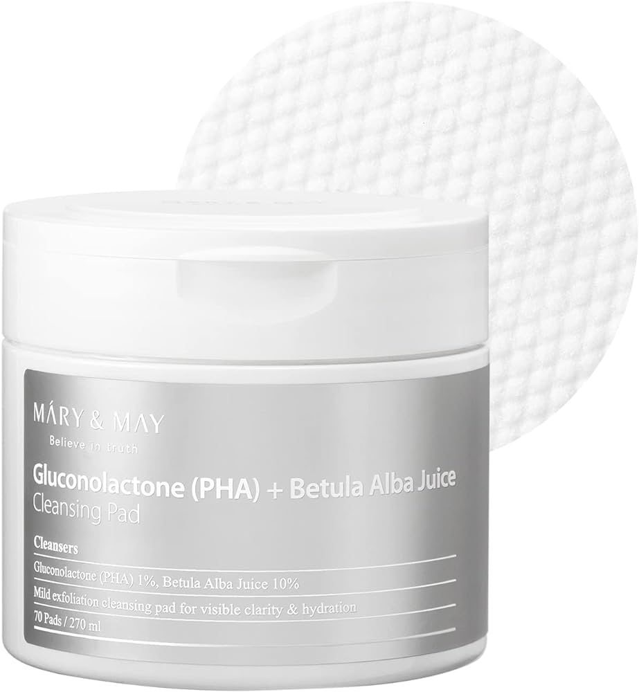 Mary & May Gluconolactone PHA + Betula Alba Juice Cleansing Pad – A pack of 70 exfoliating pads that gently cleanse and exfoliate, leaving the skin soft, refreshed, and glowing.