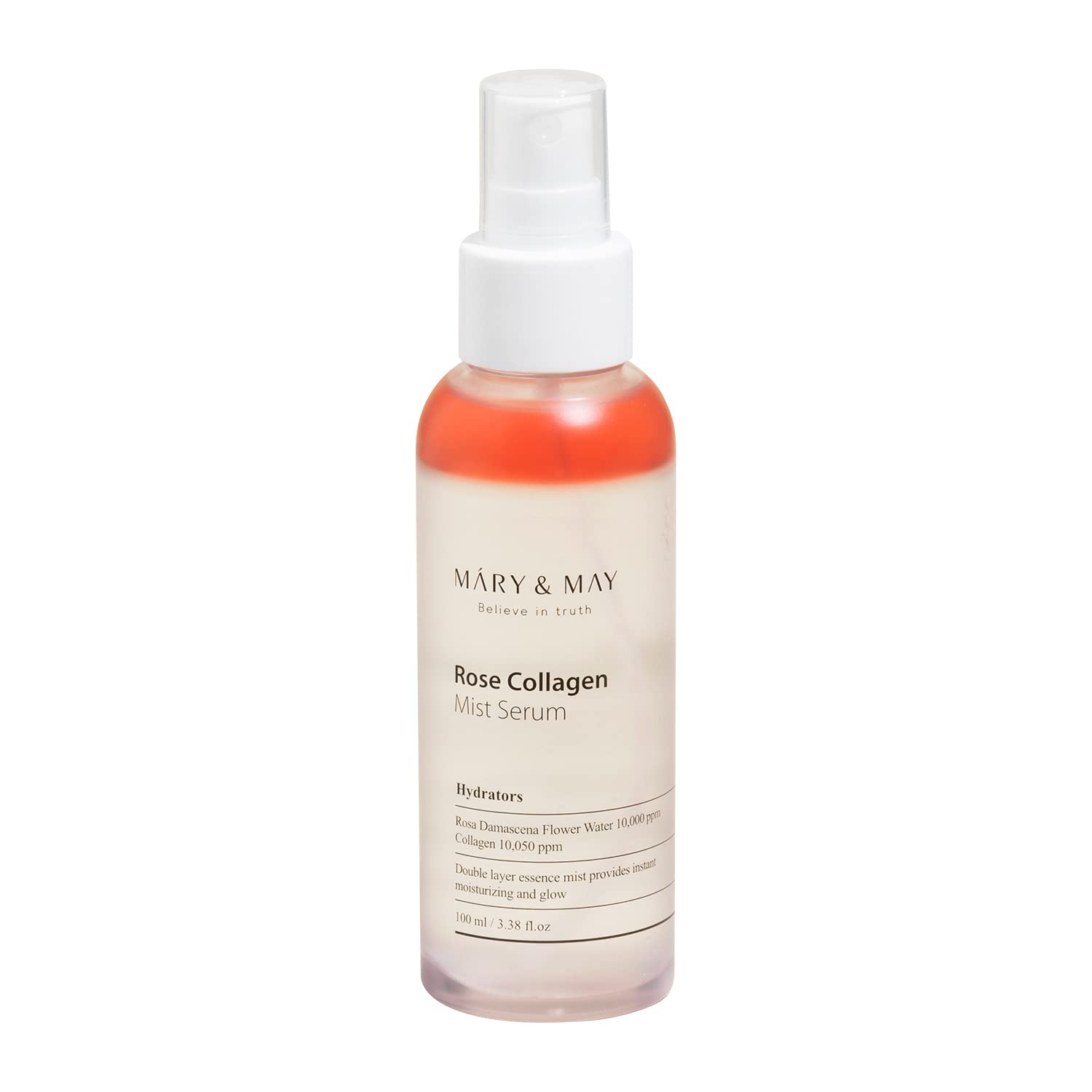 Mary & May Rose Collagen Mist Serum – A dual-layered mist in a 100ml bottle, featuring 10,000ppm Rosa Damascena Flower Water and Collagen, designed to hydrate and improve skin elasticity.