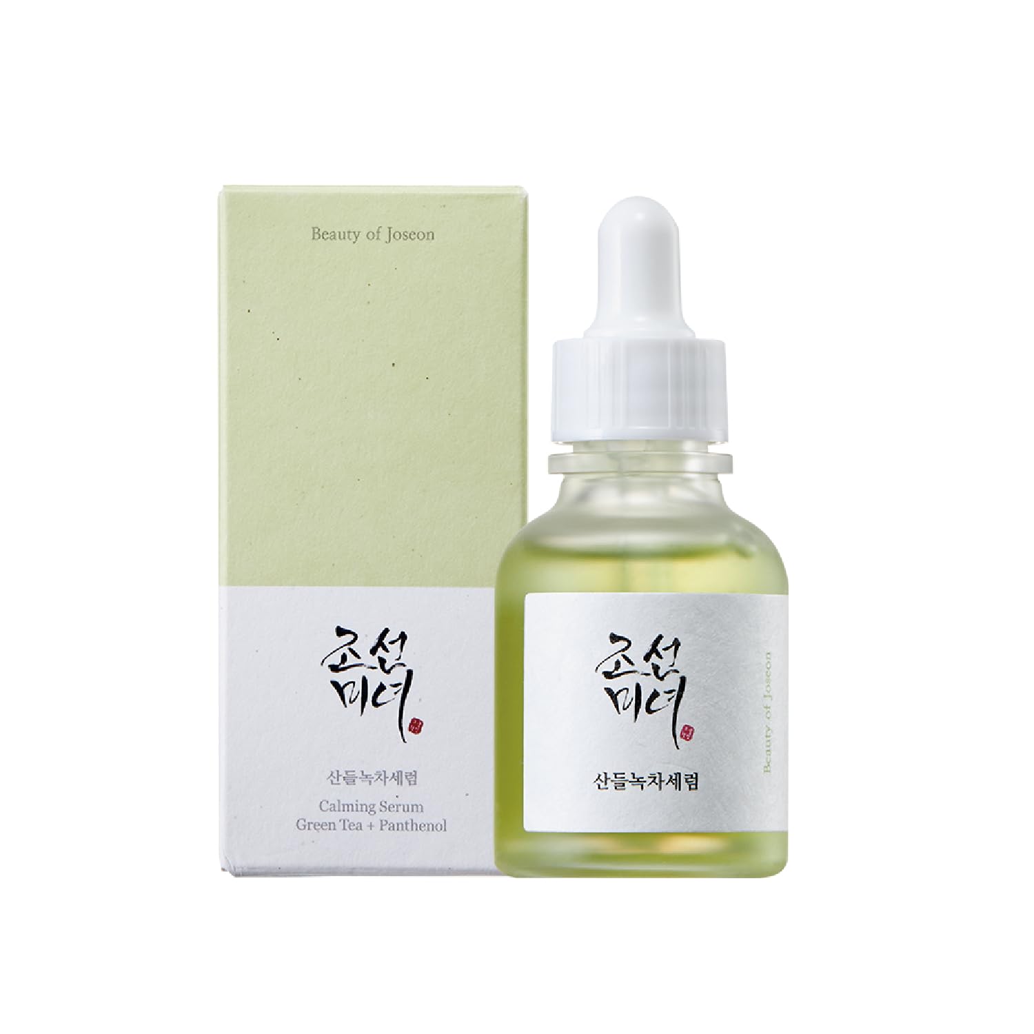 Beauty of Joseon Calming Serum Green Tea + Panthenol 30ml, a soothing serum with 50% Green Tea, 30% Mugwort, and 5% Panthenol designed to hydrate, calm sensitive skin, and protect against UV damage