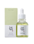Beauty of Joseon Calming Serum Green Tea + Panthenol 30ml, a soothing serum with 50% Green Tea, 30% Mugwort, and 5% Panthenol designed to hydrate, calm sensitive skin, and protect against UV damage