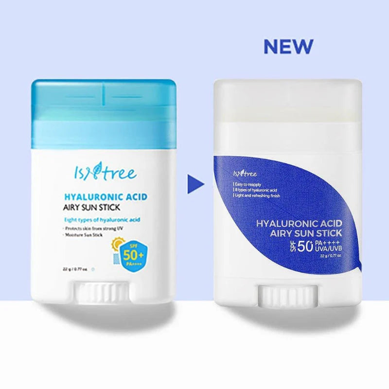 Isntree Hyaluronic Acid Airy Sun Stick packaging – portable, lightweight sunscreen with SPF50 to protect and hydrate all skin types