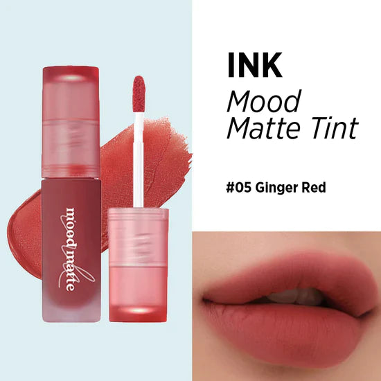 Peripera Ink Mood Matte Tint offering a smooth, matte finish with a soft, blurred effect, ideal for a comfortable and long-lasting lip look. Available in 5 shades: Peach Puree, Ballet Pink, Oatmeal Rose, Soft Cedarwood, Ginger Red.