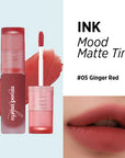 Peripera Ink Mood Matte Tint offering a smooth, matte finish with a soft, blurred effect, ideal for a comfortable and long-lasting lip look. Available in 5 shades: Peach Puree, Ballet Pink, Oatmeal Rose, Soft Cedarwood, Ginger Red.