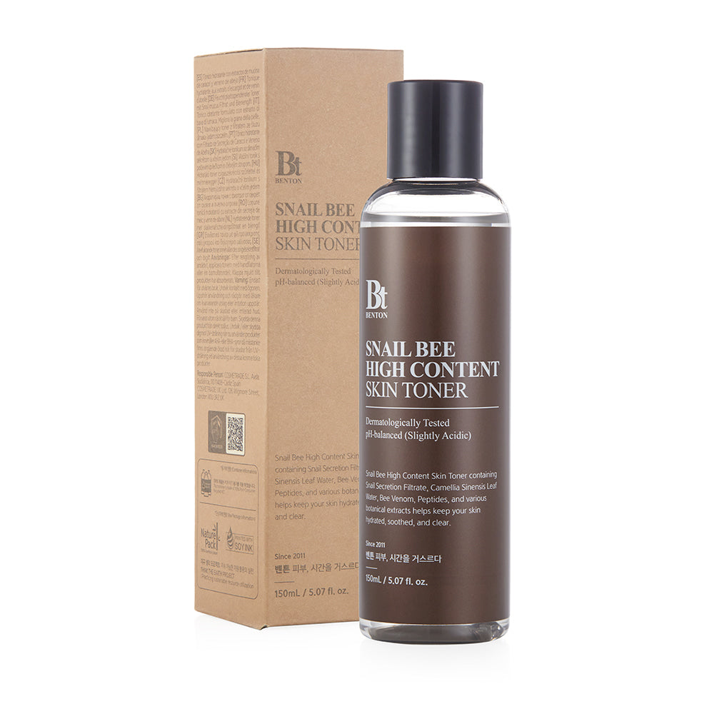 Benton Snail Bee High Content Skin Toner 150ml – Hydrating toner with snail mucin, bee venom, and green tea water to soothe, protect, and replenish irritated skin