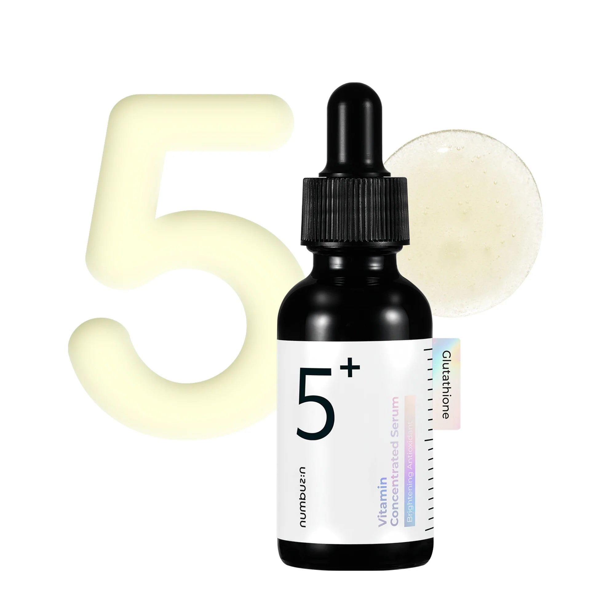 Numbuzin No.5 Vitamin Concentrated Serum (50 ml) bottle showcasing the formula with glutathione, vitamin C, and tranexamic acid to target pigmentation, dark spots, and uneven skin tone, providing a radiant, brightened complexion.