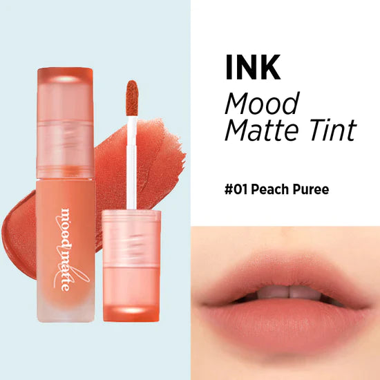 Peripera Ink Mood Matte Tint offering a smooth, matte finish with a soft, blurred effect, ideal for a comfortable and long-lasting lip look. Available in 5 shades: Peach Puree, Ballet Pink, Oatmeal Rose, Soft Cedarwood, Ginger Red.