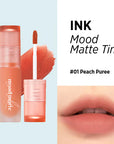Peripera Ink Mood Matte Tint offering a smooth, matte finish with a soft, blurred effect, ideal for a comfortable and long-lasting lip look. Available in 5 shades: Peach Puree, Ballet Pink, Oatmeal Rose, Soft Cedarwood, Ginger Red.