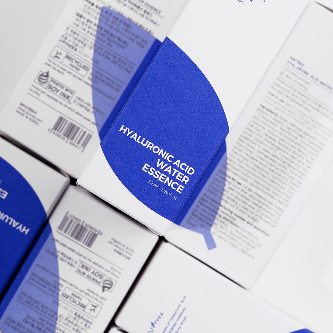 Isntree Hyaluronic Acid Water Essence packaging – sleek and minimalist design featuring a 50ml bottle with clear labeling, perfect for everyday hydration