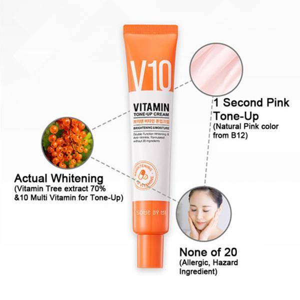 Some By Mi V10 Vitamin Tone-Up Cream – Vitamin-rich cream with 700,000ppm Vitamin Tree Fruit Extract, designed to brighten, moisturize, and revitalize the skin with a natural pinkish glow.