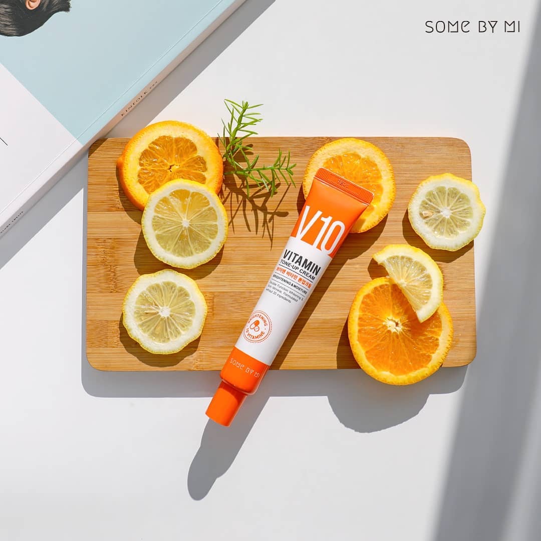 Some By Mi V10 Vitamin Tone-Up Cream – Highlighting the key ingredients like Vitamin Tree Fruit Extract and 10 multi-vitamins, which restore vitality, boost elasticity, and reduce wrinkles.